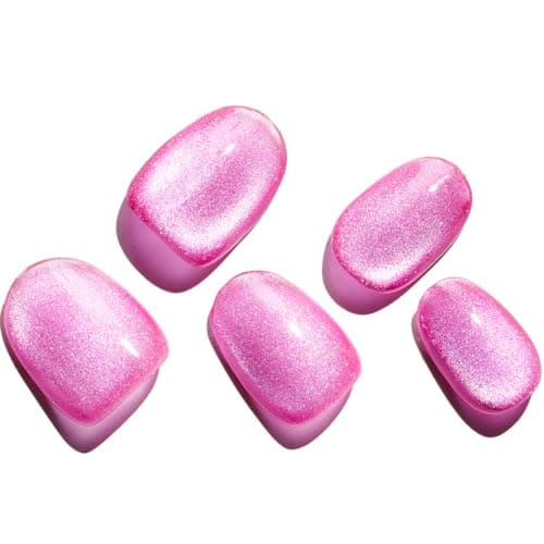GLAMERMAID Press on Nails Short Oval, Light Purple Cat Eyes Handmade Fall Gel Glue on Nails, 24Pcs Glossy Round Reusable UV Finish Fake Nails Acrylic False Nails Manicure Kits for Women - Thumbnail 3