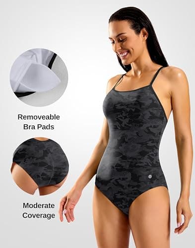 G Gradual Women's One Piece Athletic Swimsuit with Adjustable Straps Training Sport Swimwear Modest Bathing Suit for Women(Grey Camo/Black,S) - Thumbnail 3