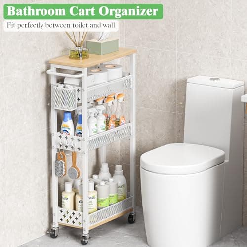 MJIMKE Utility Slim Rolling Storage Cart with Wheels, 4 Tier Narrow Metal Kitchen Cart Bathroom Laundry Room Organization Trolley with Wood Rack and Removable Mesh Basket for Small Space, 7.1IN White - Thumbnail 5