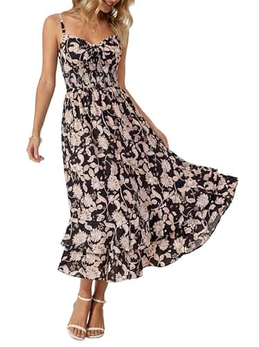 GRACE KARIN Women's Summer Floral Maxi Dress Spaghetti Strap A Line Beach Boho Dresses Ruffle Tiered Casual Dress Black S - Image 1