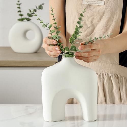 Dobbyby Ceramic Vase Set of 2, Modern Donut Vases for Minimalist Nordic Home Decor, Waterproof Round Vase, Decorative Centerpiece Vases for Living Room, Entryway, Table Decor (02-Matte Cream) - Thumbnail 6
