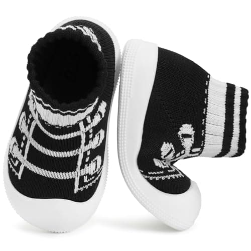 STQ Baby Sock Shoes Toddler Walking Shoes Infant Wide Toe Box Non-Slip Slippers Soft Sole Sneakers for Baby Boys Girls Lightweight Easy On Off Indoor Slippers Black White 12-18 Months - Image 1