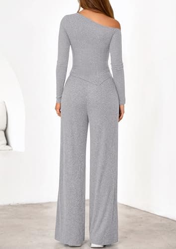PRETTYGARDEN Fall Two Piece Sets For Women 2026 Off Shoulder Tops Long Pants Knit Matching Lounge Set Airport Travel Outfits(Light Grey,X-Large) - Thumbnail 5