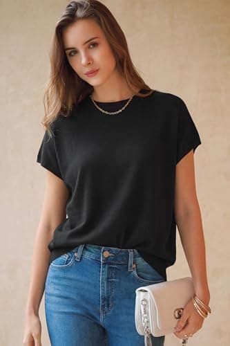 Arach&Cloz Womens Spring Summer Short Sleeve Oversized Sweaters Cashmere Lightweight Crew Neck Business Casual Clothing Work Blouse Tops Dressly Capsule Wardrobe Teacher Outfits Trendy Black XXL - Thumbnail 2