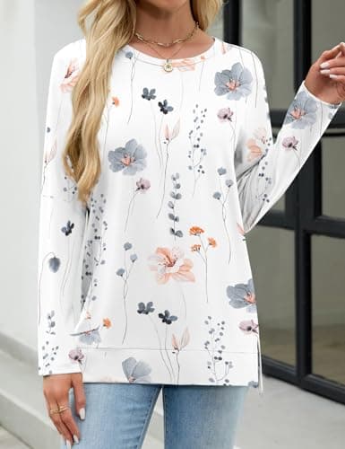 JUSTFASHIONNOW Womens Long Sleeve Tunic Tops to Wear with Leggings Crew Neck Side Split Layering Shirts Loose Fit Long Tops Floral White - Thumbnail 2