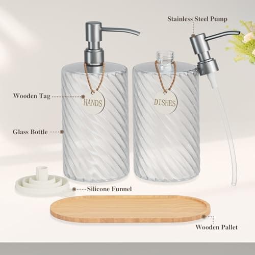 18Oz Spiral Stripe Soap Dispenser Set - Silver Stainless Steel Pump with Wood Tray, Refillable for Kitchen Sink & Bathroom Vanity, Dish Liquid & Hand Soap Storage Solution - Thumbnail 3