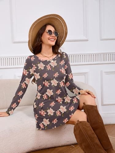 DEARCASE Women's Long Sleeve T Shirt Dress Floral Grey Purple Hibiscus Medium Crewneck Knee Length Loose Casual Flowy Swing Tunic Dresses with Pockets - Thumbnail 5