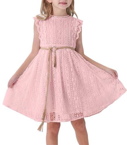 ALLOVIN Toddler and Girls Vintage Boho A-Line Lace Dress with Belt Pom Pom Trim Birthday Party Dress | Pink | 4-5T - Image 1