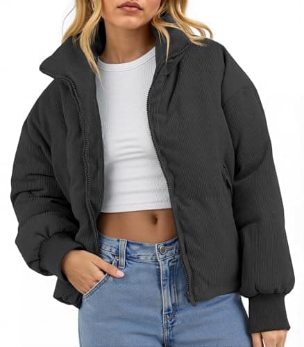 Fisoew Womens Winter Corduroy Puffer Jackets Cropped Puffy Quilted Jackets Coat 2025 - Image 1