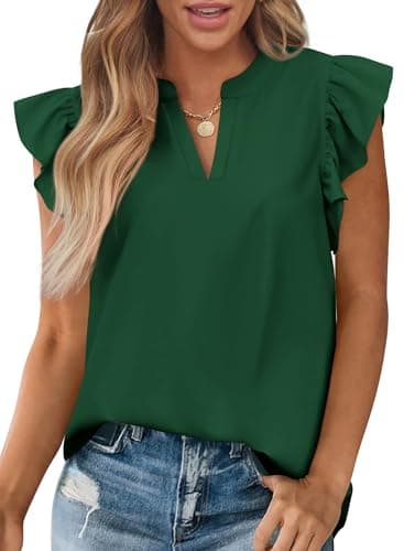 Zenlonr Womens Summer Tops 2026 Casual V Neck Ruffle Cap Sleeve Blouse Shirts Solid Color Tunic Tops(Dark Green,Small) - Image 1