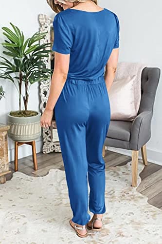 PRETTYGARDEN Jumpsuits for Women 2025 Spring Summer Casual Dressy Short Sleeve Romper Airport Vacation Travel Outfits (Grey Blue,Medium) - Thumbnail 6