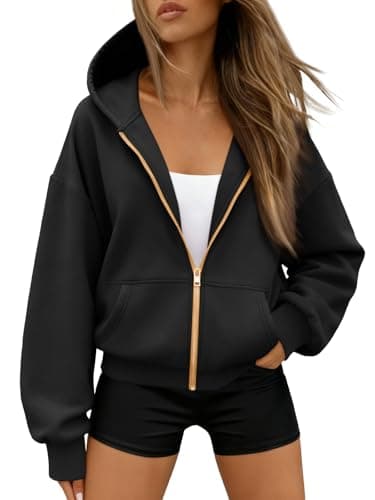 Trendy Queen Womens Zip Up Hoodies Fall Fashion Sweatshirt 2026 Clothes Y2K Cropped Jackets Cute Winter Outfits Black L - Image 1