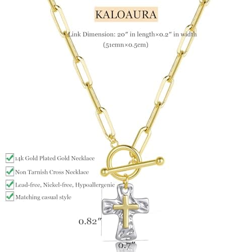 KALOAURA Chunky Cross Necklace for Women, 14K Gold/Silver Plated Statement Paperclip Chain Double Cross Pendant Necklaces Non Tarnish for Faith Religious Christian Jewelry Gifts, Silver - Thumbnail 5