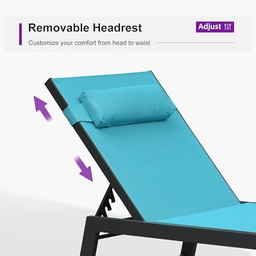 PURPLE LEAF Outdoor Oversized Lounge Chair Set of 3 Patio Chaise Pool Lounger Aluminum Frame with Side Table and Wheels for Outside Sunbathing Tanning Recliner Including Pillows Turquoise Blue - Thumbnail 5
