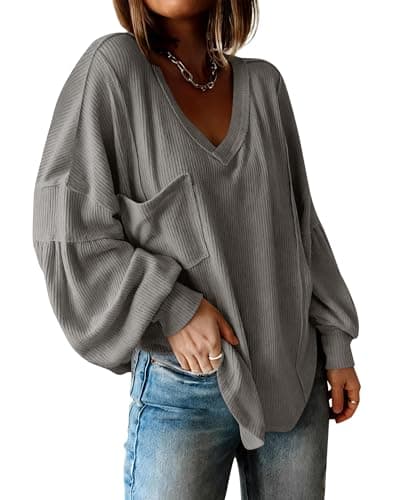 BTFBM Womens Fall Fashion 2026 Long Sleeve Shirts Casual V Neck Ribbed Knit Blouses Pullover Trendy Loose Fit Tunic Tops(Solid Grey, Small) - Image 1