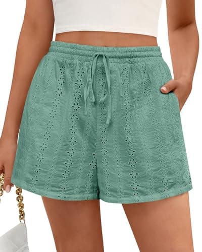 KIRUNDO Shorts for Women Summer Casual Lace Elastic Waist Drawstring Cute Eyelet Boho Lounge Shorts Beach Vacation Outfits(Sage Green, Medium) - Image 1