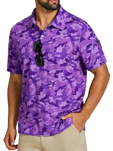 Cozople Mens Polo Shirts Purple Camouflage Tactical Shirt Quick Dry Breathable Pique Golf Polo Short Sleeve Collared T-Shirt for Work Fishing Jogging, X-Large - Image 1