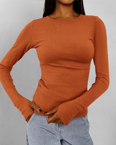 BTFBM Womens Tops 2026 Spring Outfits Long Sleeve Shirts Crewneck Work Blouses Stretchy Slim Fit Going Out Top Workout(Brick Red, Medium) - Thumbnail 5