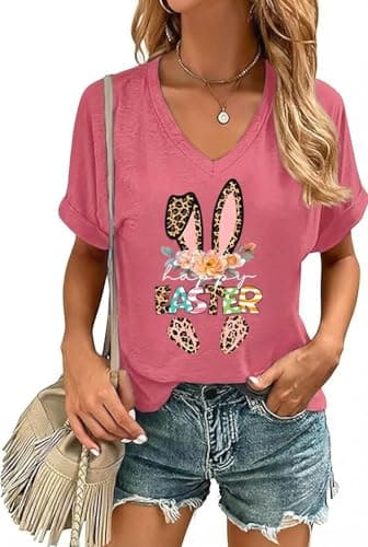 Easter Shirts for Women Happy Bunny with Leopard Bow Shirts Cute Floral Rabbit Graphic Tee - Image 1