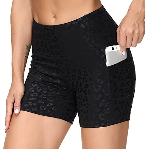THE GYM PEOPLE High Waist Yoga Shorts for Women Tummy Control Fitness Athletic Workout Running Shorts with Deep Pockets (X-Large, Black spot Leopard) - Thumbnail 5