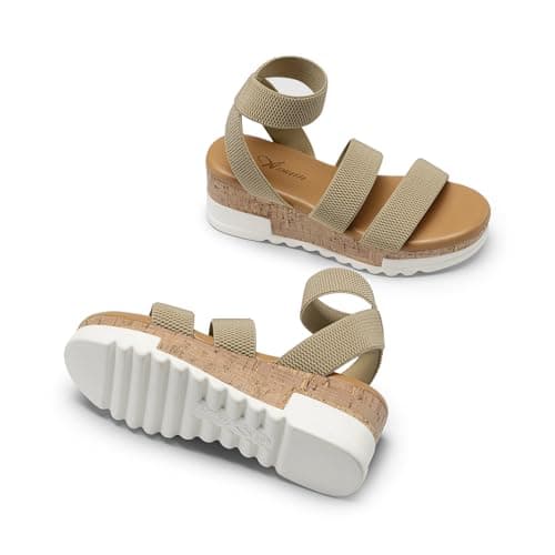 Athlefit Women's Casual Cork Platform Wedge Sandals Open Toe Elastic Ankle Strap Flatform Sandals for Summer, Khaki, Size 10, AD00102 - Thumbnail 4