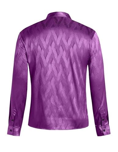 ZAFUL Men Metallic Satin Dress Shirt Luxury Jacquard Long Sleeve Casual Button Down Shirts Silk Shirts Purple XL - Thumbnail 5