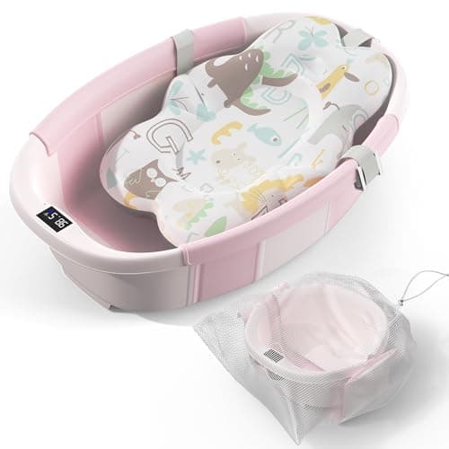 Collapsible Baby Bathtub - Large Baby Bath Tub with Thermometer & Cushion | Travel Portable Newborn Infant Bathtub | Foldable Toddler Bathtub for Baby 0 to 36 Months (Pink)