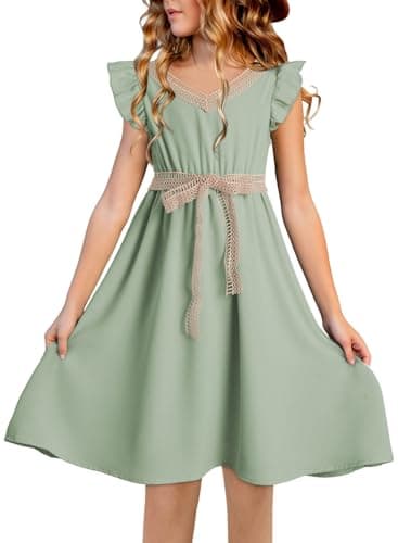 blibean Tween Girls Dresses Summer Short Sleeve Kids Girl Wedding Guest Dress Boho Bohemian Casual Swing Outfit Fashion Semi Formal Party Graduation Clothes Size 8-9 Year Old Green - Image 1