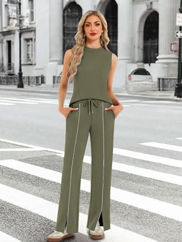 Casly Lamiit 2 Piece Lounge Set Women Summer Travel Outfits Sleeveless Tank Top Front Slit Pants Airport Vacation Clothing Sets Army Green 2XL - Thumbnail 5