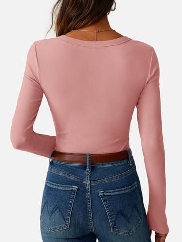 GKBK Womens Long Sleeve Ribbed Tops Slim Fitted Tight Basic T-Shirts Crewneck Cute Layering Lightweight Fall Sweaters 2026 Fashion Outfits Light Pink - Thumbnail 4