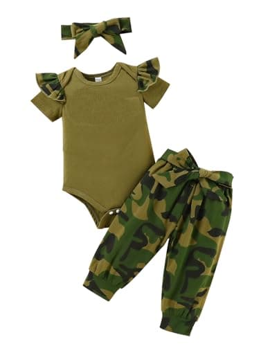 FAMIHAO Baby Girl Clothes Set Solid Color Short Sleeves Ruffle Top Camouflage Pants Newborn Infant Girl Clothing Outfit,0-3M SAG - Image 1