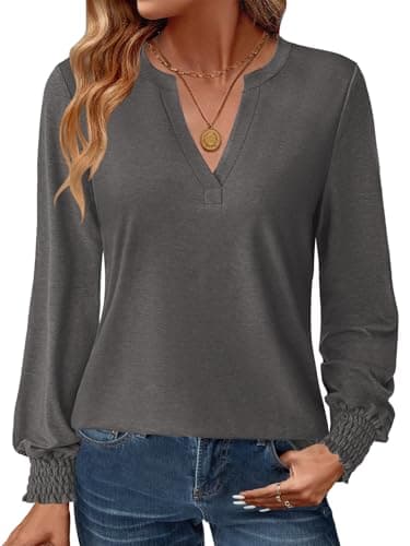 GKBK Womens Long Sleeve Shirts Fall Tops V Neck Business Dressy Casual Blouses with Smocked Cuffs Dark Gray - Image 1