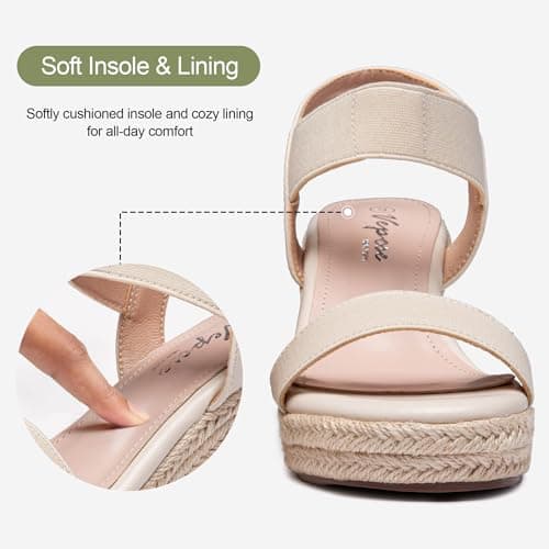 Vepose Women's Nude Wedge Sandals, Platform Espadrilles Slip On Open Toe with Elastic Ankle Strap, Comfortable 3.5 Inches Low Heel Summer Dressy 881 Shoes Size 8.5 (CJY881 Nude 08.5) - Thumbnail 5