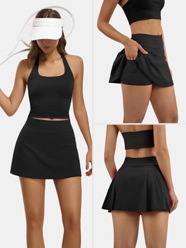 AFFOLE Workout Skirt Women Tennis Golf Skorts Athletic High Waisted with Pockets Inner Shorts Sport Pleated Pickleball Black - Thumbnail 5