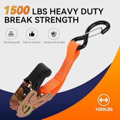 4 Pack Ratchet Straps Tie Downs Heavy Duty 1500 LBS Break Strength, Orange Tie Down Straps with S Hooks and Safety Clips, 4 Bungee Cords, Storage Bag for Motorcycle, Truck, Cargo, UTV, Trailer - Thumbnail 2