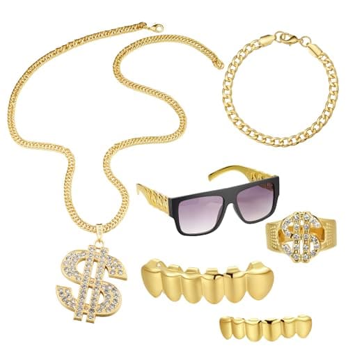 Mujahid Hip Hop Costume Kit 80s 90s Rapper Accessories, Outfits for Men Women Cosplay Club Old School Themed Party Supplies Sunglasses Necklace Bracelet False Teeth - Image 1