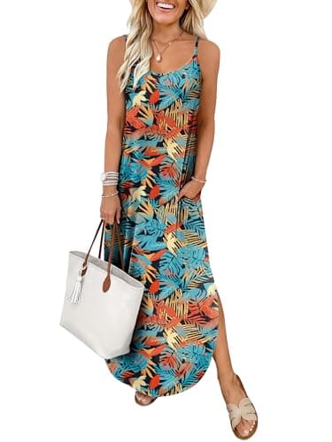 ANRABESS Womens Summer Spaghetti Strap Maxi Dress Beach Cover Up Casual Sleeveless Sundress Vacation Cruise Hawaiian Travel Orange Teal Leaf Large - Image 1