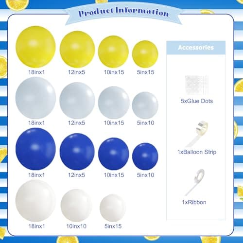 Blue and Yellow Balloon Arch Kit, 124Pcs Lemon Balloon Arch Kit with Royal Blue Light Blue Yellow White Balloons for Mediterranean Themed Birthday Wedding Bridal Shower Anniversary Party Decorations - Thumbnail 2