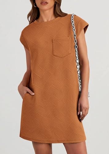 PRETTYGARDEN Women's Summer Short T Shirt Dress Cap Sleeve Crew Neck Casual Loose Basic Mini Dresses (Brown Yellow,Small) - Thumbnail 5