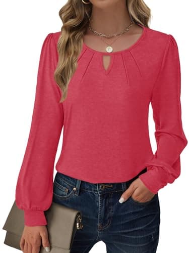 GKBK Women Long Sleeve Tops Dressy Business Casual Blouses Basic Loose Fit Crewneck Work Shirts Pleated Keyhole 2025 Fall Winter Clothes Stylish Outfits Red Medium - Image 1