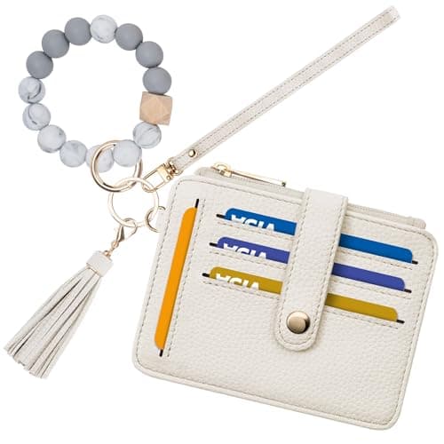 Airkit Wristlet Wallets for Women, Keychain RFID Blocking Credit Card Holder, Small Girly Wallet with Bracelet, Silicone Beaded Tassel Key Ring Card Holder, Creamy Grey - Image 1