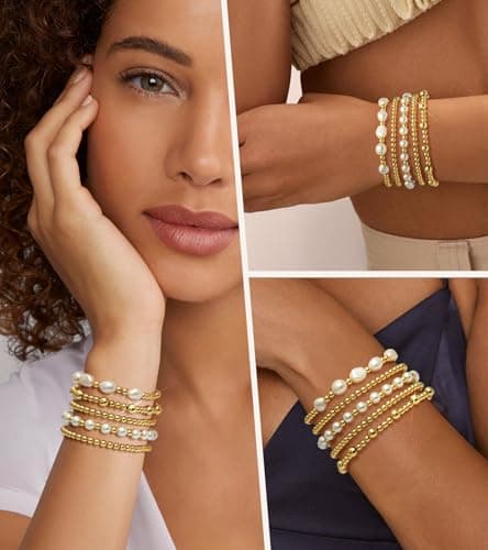 adoyi Gold Bracelets for Women, 14K Gold Plated Beaded Bracelets Stack Trendy Stackable Bracelet Set Strand Stretch Pearl Ball Bracelet Bracelet Set Jewelry for Gifts Set for Women Gift - Thumbnail 3