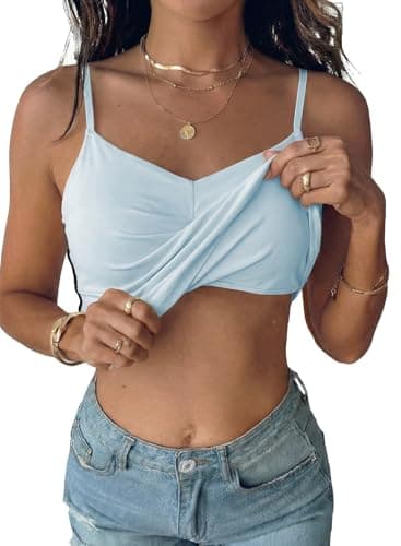 BLENCOT Women's Going Out Crop Tops Y2K Built-in Bra Tank Pleated Bustier Casual Summer Basic Tee for Teen Girls Cute Clothes Light Blue L - Image 1