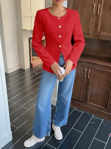 Cicy Bell Womens Business Casual Fitted Blazers Collarless Split Hem Work Office Button Down Suit Jackets Red - Thumbnail 4
