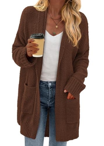 KIRUNDO Cardigan Sweaters for Women 2026 Fall Chunky Fuzzy Knit Open Front Loose Long Sleeve Sweater Coats Winter Clothing(Brown, Small) - Image 1