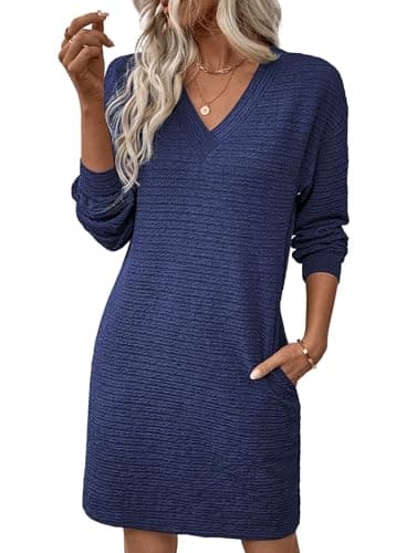 EVALESS Spring Dresses for Women 2026 Fashion V Neck Long Sleeve Summer Mini Dress Solid Casual Beach Vacation Clothes Tshirt Dresses with Pockets Women's Clothing Navy Blue Large - Image 1