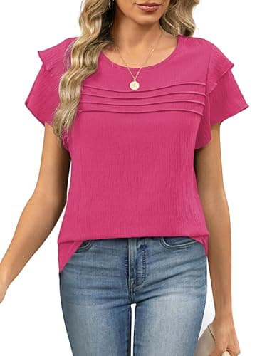 Funlingo Womens Dressy Casual Tops Summer Business Work Blouses Ruffle Short Sleeve Crew Neck Pleated Shirts Trendy Outfits 2026 Rose Red L - Image 1