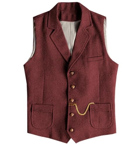 AeoTeokey Men's Tweed Suit Vest Western Herringbone Wool Casual Waistcoat for Groomsman (Burgundy,X-Large) - Image 1