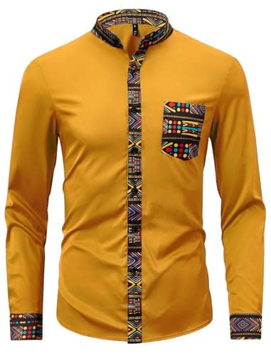 ZAFUL Men's Hipster African Tribal Graphic Patchwork Design Slim Fit Long Sleeve Button up Mandarin Collar Shirts (Orange Tribal Graphic XL) - Image 1