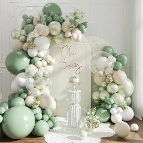 Sage Green Balloon Arch Kit 108Pcs Double Stuffed Pearl Green Sage Green Sand White Clear Balloons for Bridal Shower Baby Shower Birthday Wedding Engagement Party Decorations - Image 1